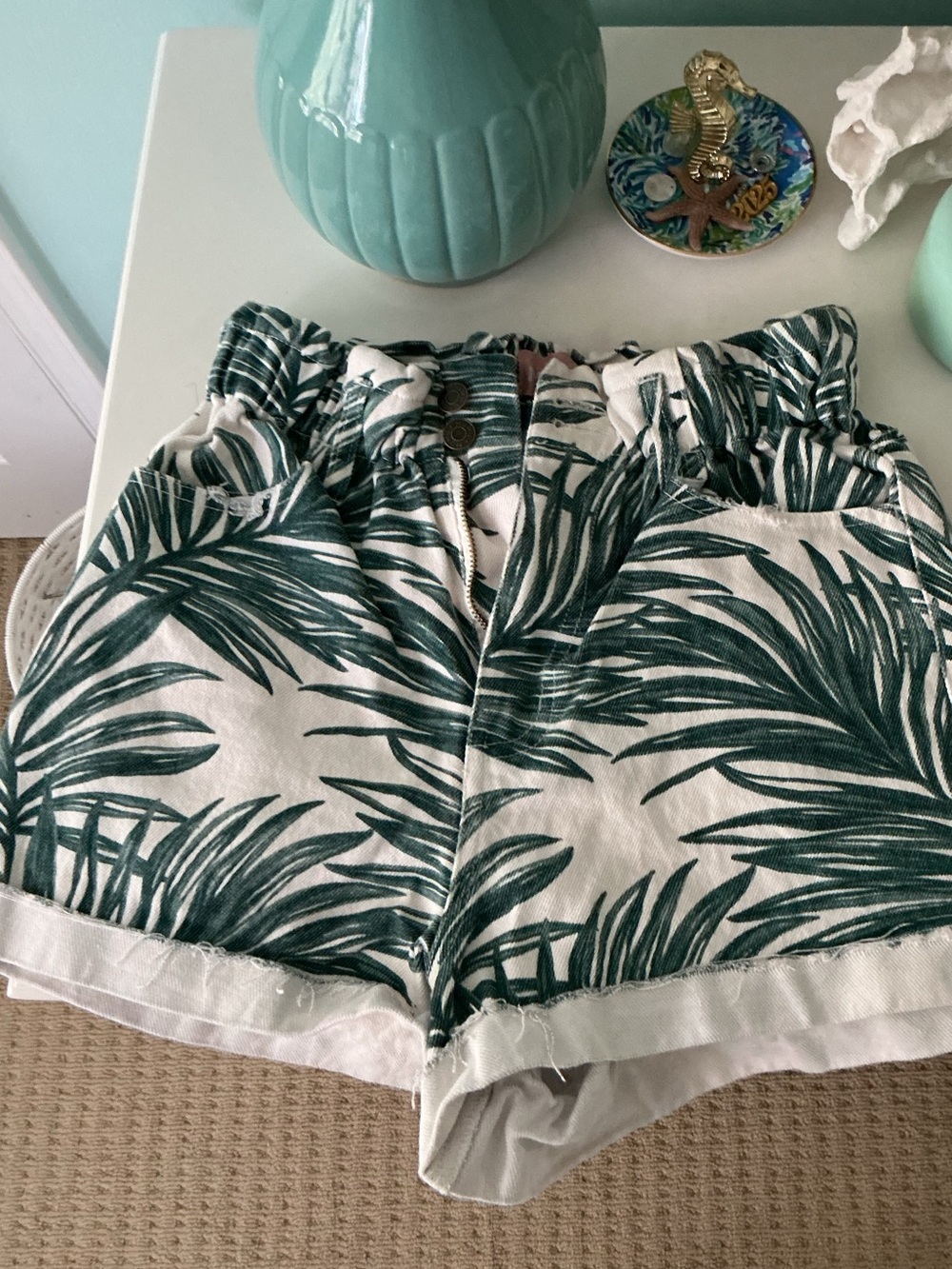 Show Me Your MuMu Palm Leaf Paperbag Shorts - Green on White